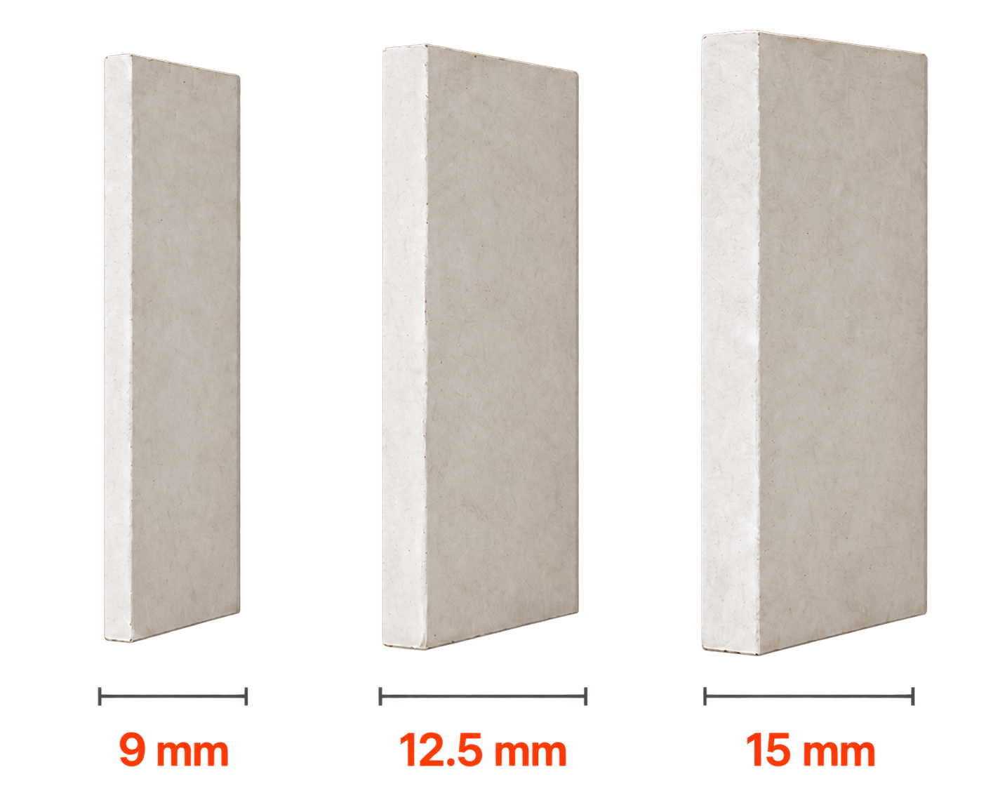 Plasterboard panels marked 9 mm, 12.5 mm and 15 mm