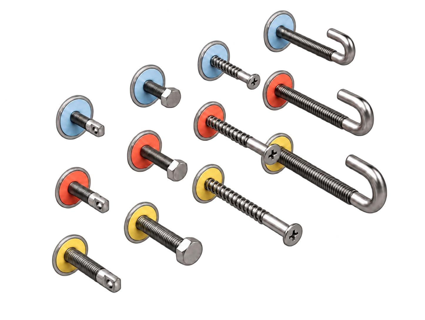 Twelve holloPoint fittings with coloured mounting collars, including bolts, screws and hooks